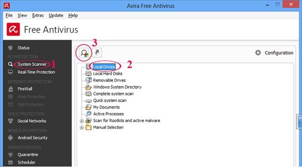 Chọn ổ đĩa để quét virus trong Avira