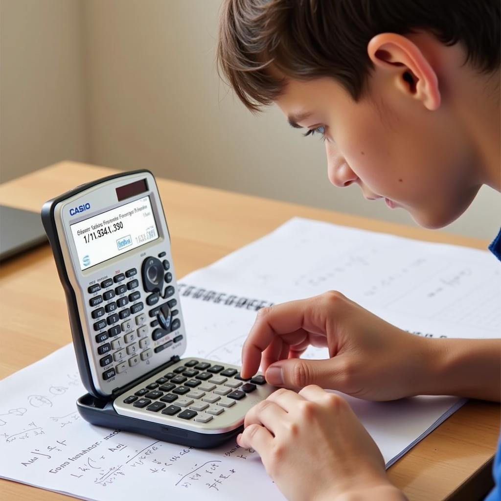 Mô tả cách sử dụng máy tính Casio FX-570VN Plus để khảo sát hàm số, minh họa các nút và màn hình