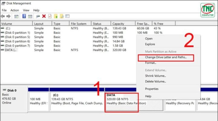 Giao diện Disk Management hiển thị tùy chọn Change Drive Letter and Paths