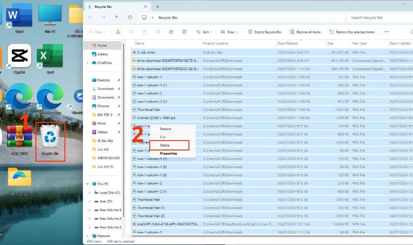 Biểu tượng Recycle Bin trên màn hình desktop, minh họa hành động xóa các file đã bị loại bỏ để giải phóng dung lượng, góp phần ngăn máy tính tự cài phần mềm