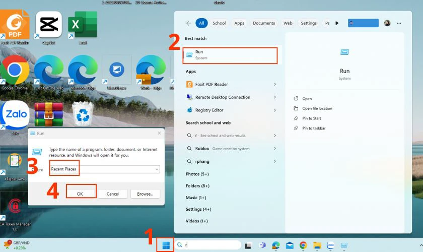 Khi xuất hiện hộp thoại thì tiếp tục gõ Recent Places và nhấn OK