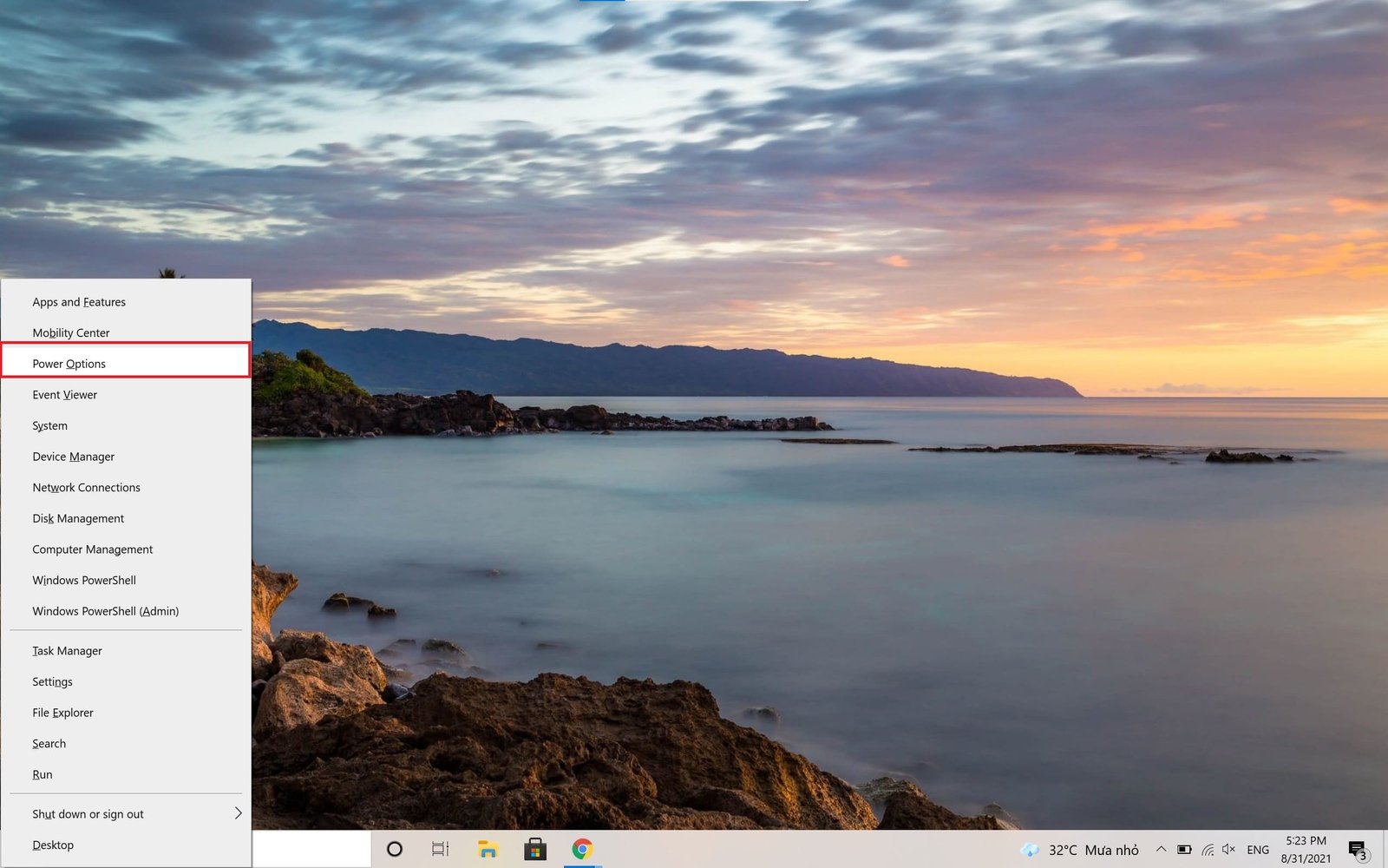 Menu Power Options trong Windows 10