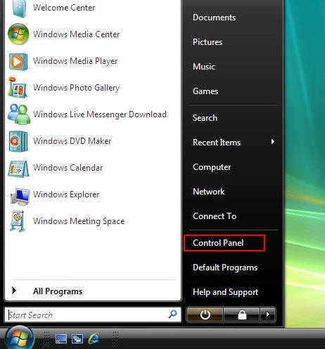 Menu Start và Control Panel trên Windows Vista cho việc xóa chương trình
