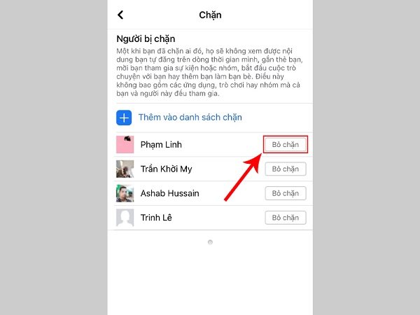 Cách mở chặn Facebook trên điện thoại: Chạm vào Bỏ chặn