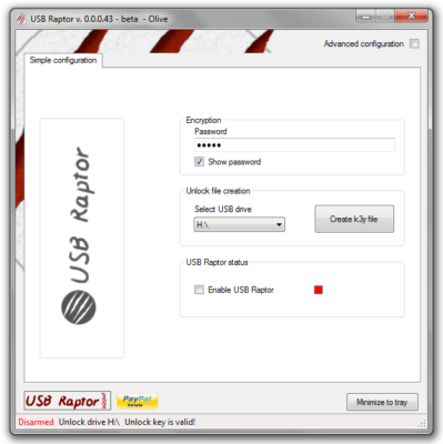 Giao diện chính của USB Raptor để thiết lập mở khóa màn hình máy tính
