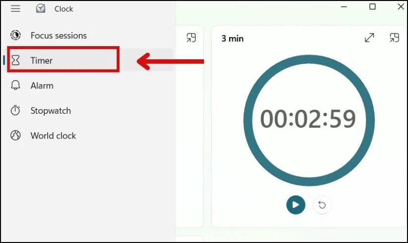 Mở ứng dụng Clock và chọn chức năng Timer để cài đặt đồng hồ tính giờ trên máy tính