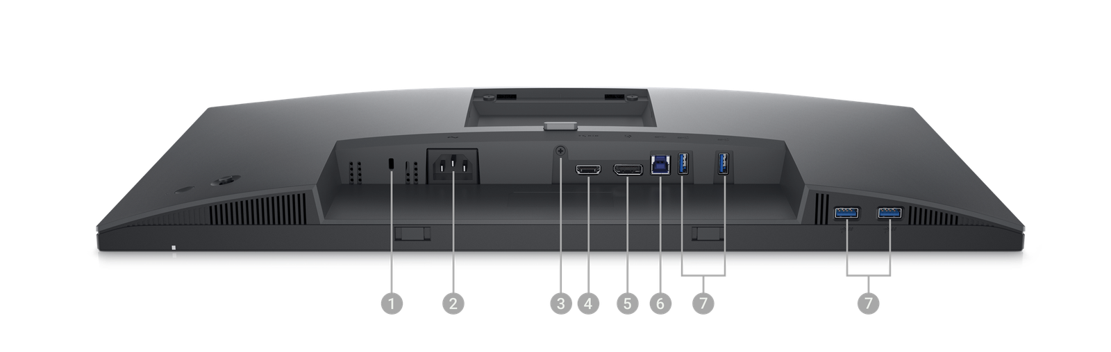 Picture of Dell P2423D Monitor with the screen down and numbers from 1 to 7 showing the ports available below the product.