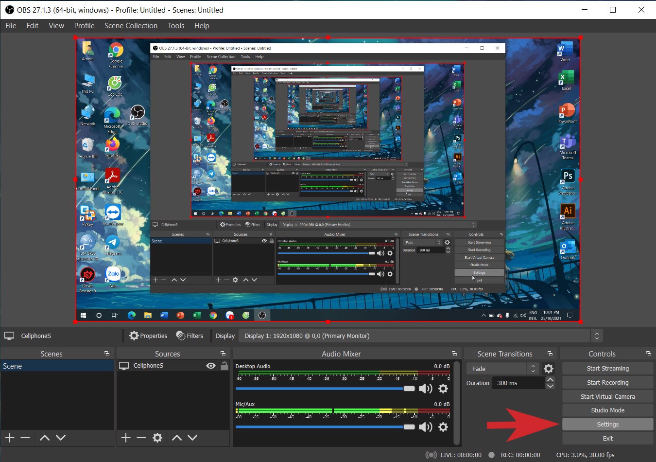 Truy cập cài đặt OBS Studio để cấu hình đầu ra video
