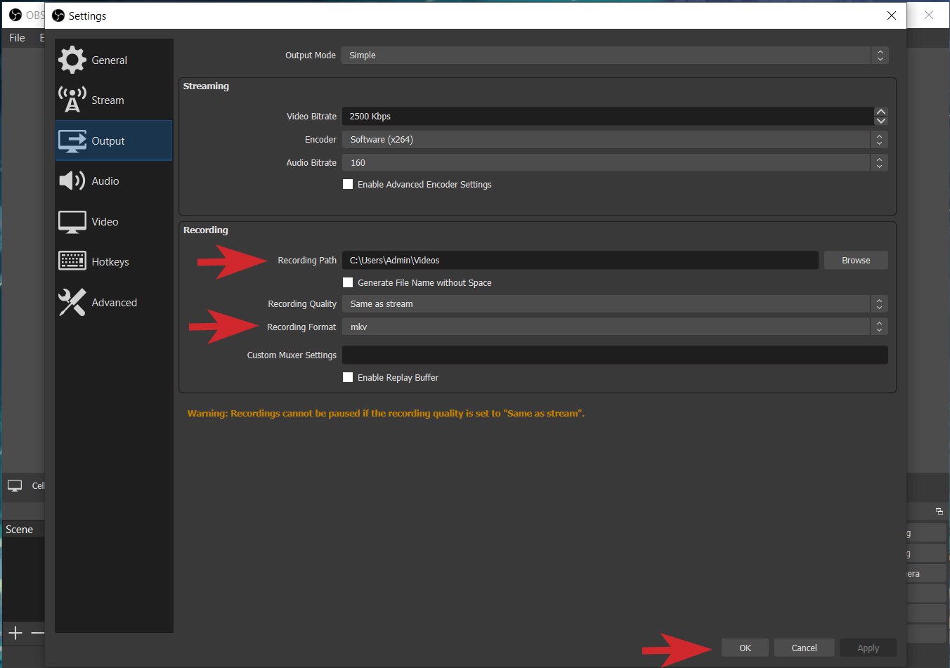 Thiết lập đường dẫn và định dạng lưu video quay màn hình OBS
