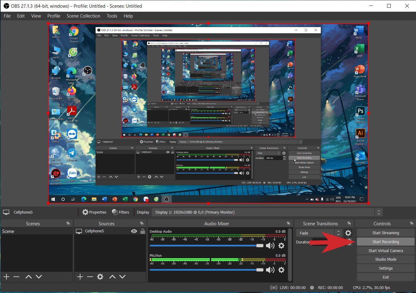 Nhấn Start Recording để bắt đầu quay màn hình với OBS Studio
