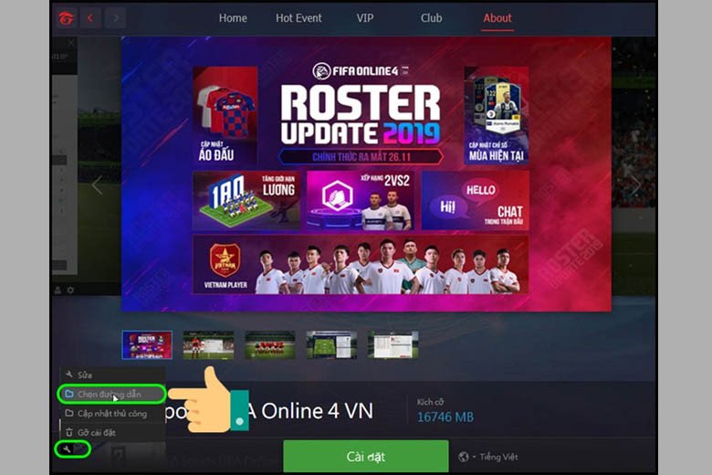 Mục Cài đặt và Chọn đường dẫn trong Garena