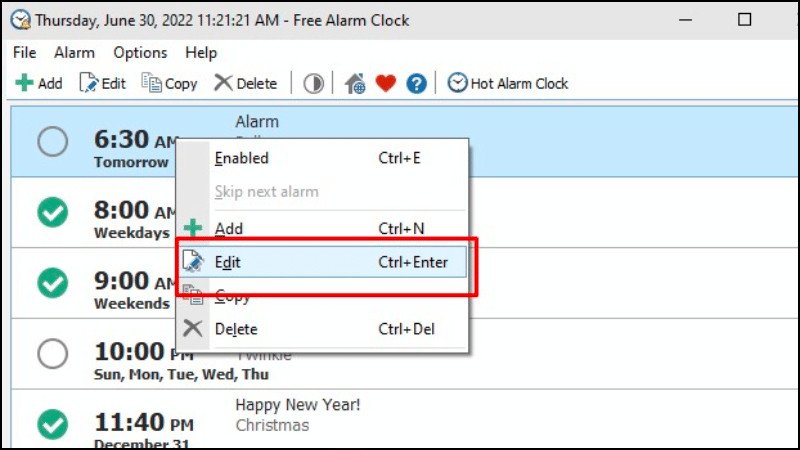 Nếu muốn chỉnh báo thức > Chuột phải vào báo thức > Click chọn Edit