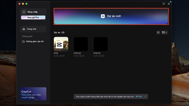Mở CapCut và tạo dự án mới để bắt đầu chỉnh sửa video