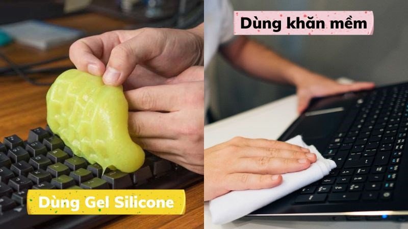 Người dùng đang dùng gel silicone để làm sạch bề mặt bàn phím laptop, đồng thời có một cọ nhỏ để quét
