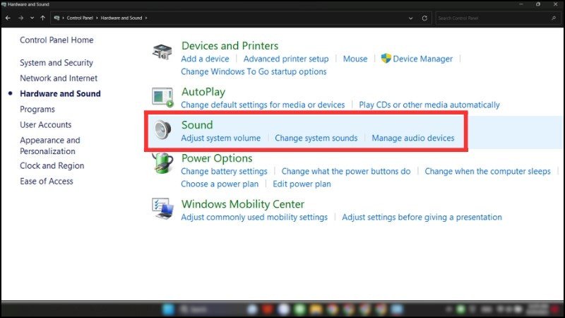 Nhấn chọn Sound tại giao diện Hardware and Sound để cấu hình loa