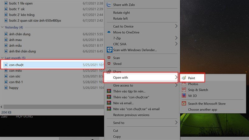 Nhấn chuột phải vào ảnh thứ 2 để ghép vào ảnh > Chọn Open with > Chọn Paint
