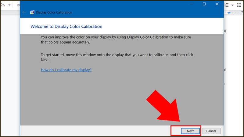 Nhấn Next để bỏ qua các chỉ dẫn điều chỉnh độ tương phản màn hình