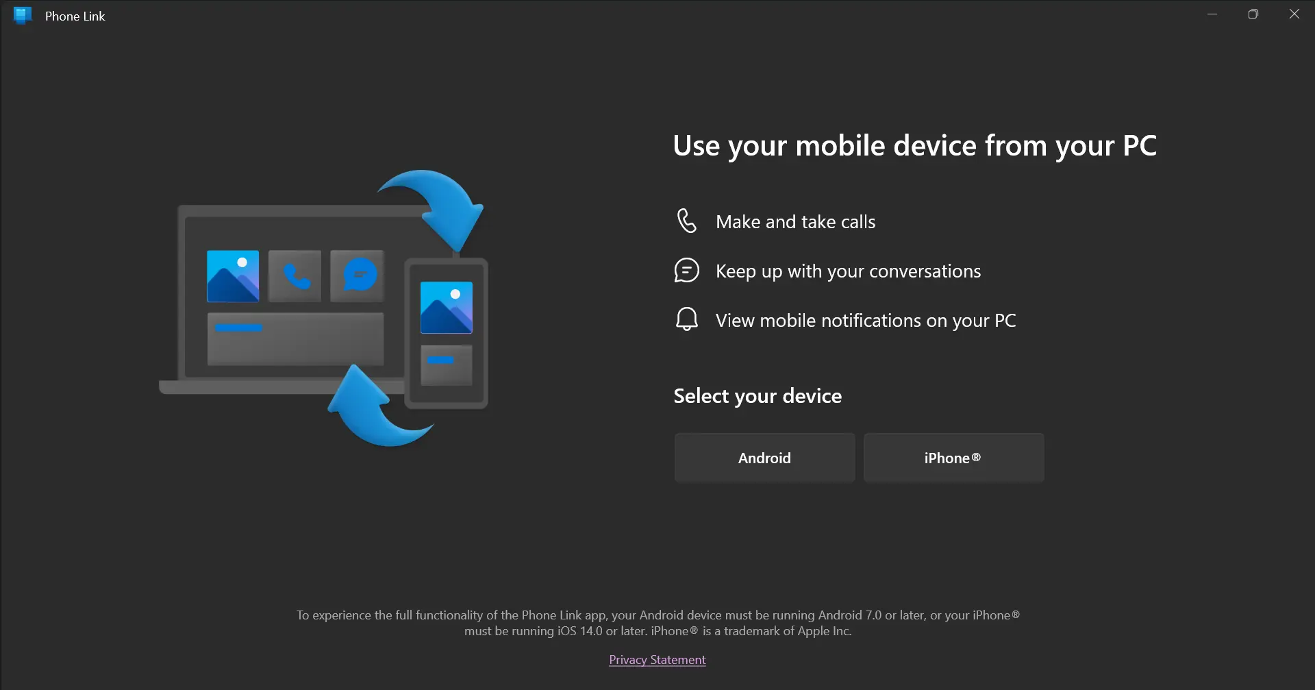 Lựa chọn hệ điều hành điện thoại (Android hoặc iPhone) trong Phone Link để nhận tin nhắn trên máy tính