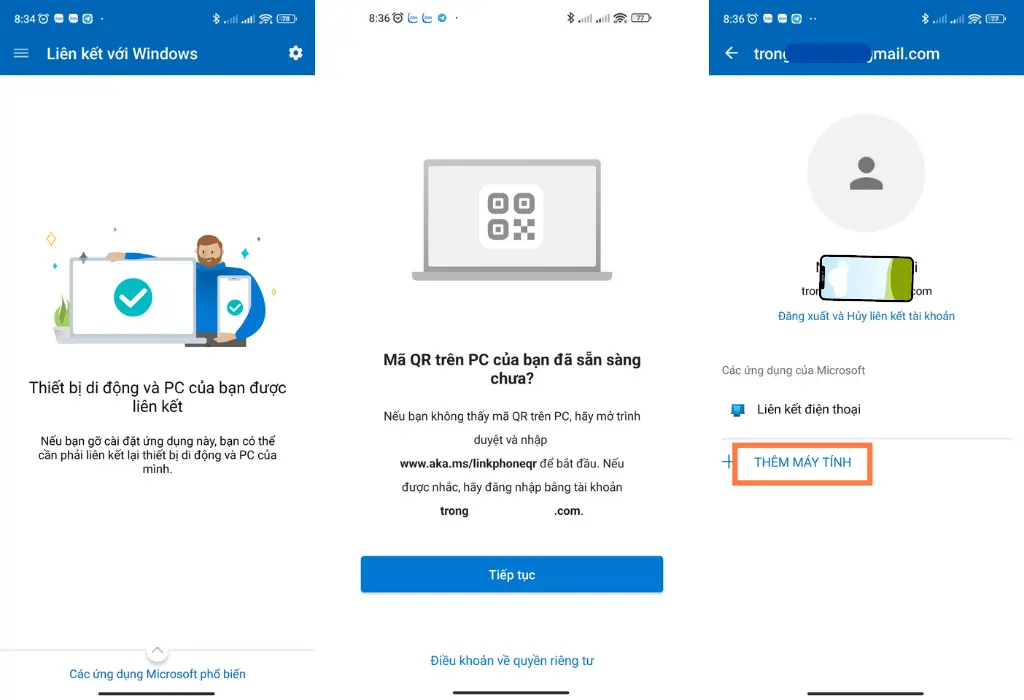 Ứng dụng Liên kết với Windows trên điện thoại Android với menu cài đặt để ghép nối máy tính