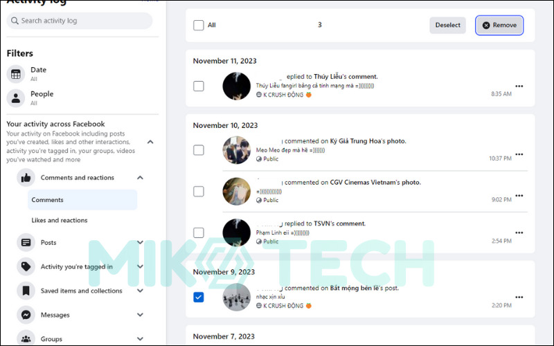 Chọn các bình luận và nhấn Remove để xóa hàng loạt trên Facebook máy tính