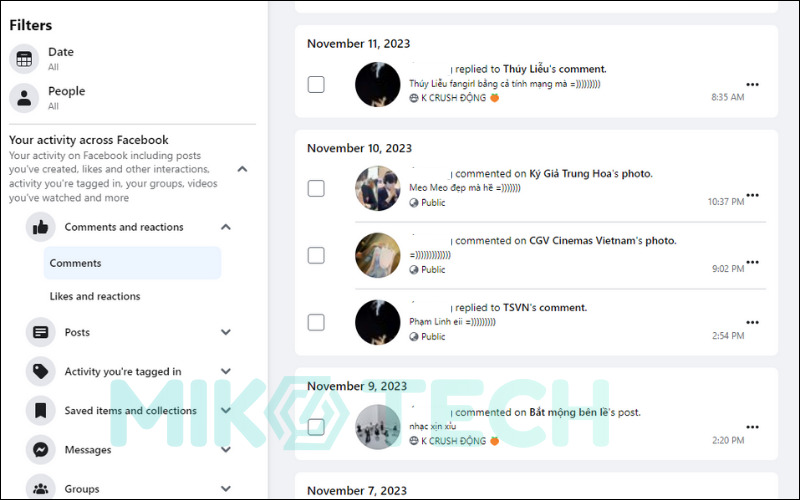 Giao diện Nhật ký bình luận trên Facebook cho máy tính
