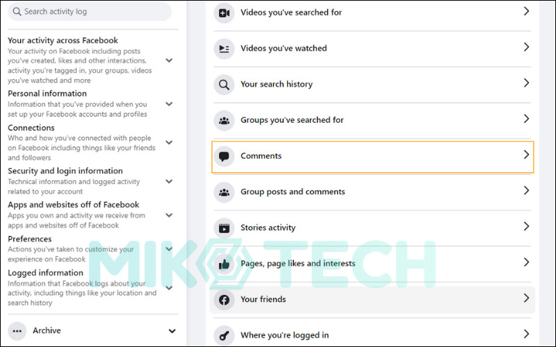 Chọn Bình luận trong Nhật ký hoạt động Facebook trên máy tính