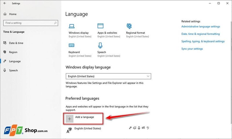 Nút Add a language được khoanh tròn trong cửa sổ cài đặt ngôn ngữ