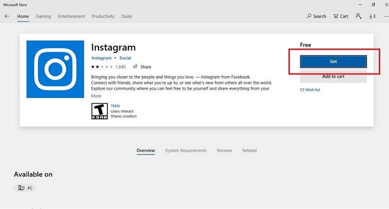 Nút Get/Tải Miễn Phí trên trang ứng dụng Instagram