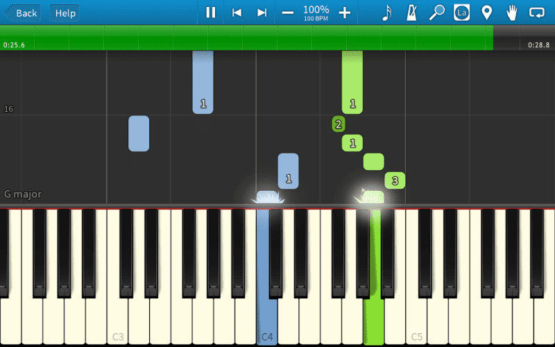 Phần mềm Synthesia hiển thị các nốt nhạc piano rơi xuống hỗ trợ chơi piano bằng bàn phím máy tính