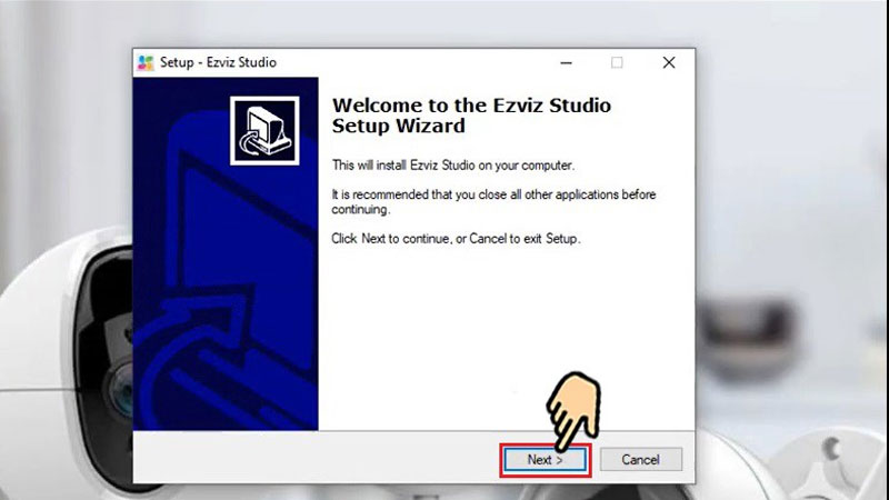 Cửa sổ cài đặt EZVIZ, chọn 'Next' để tiếp tục tải ứng dụng EZVIZ