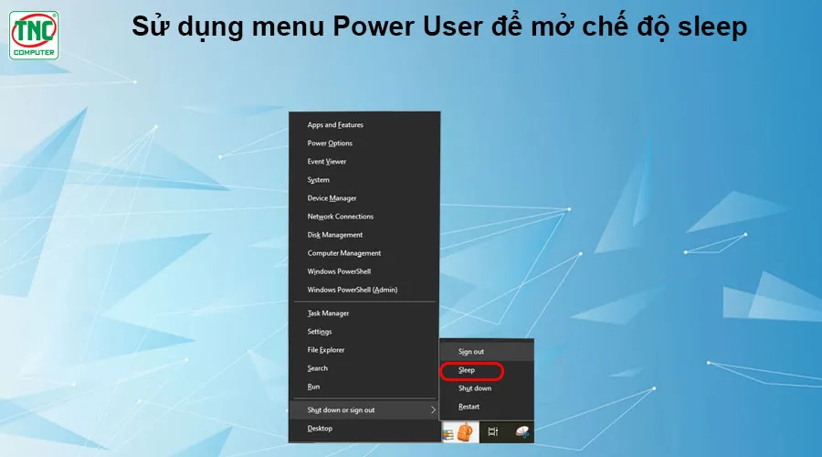 Hình ảnh menu Power User (Windows + X) trên Windows 10, hiển thị các tùy chọn như Shut down or sign out và Sleep.