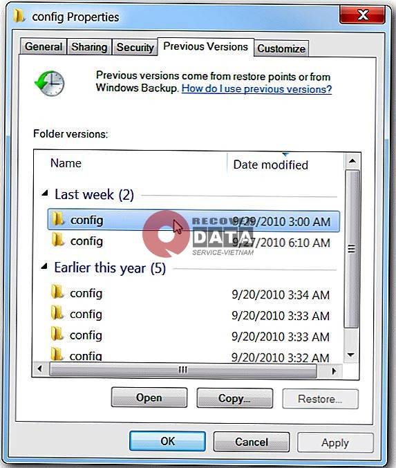 Khôi phục dữ liệu từ Previous Versions Windows 7
