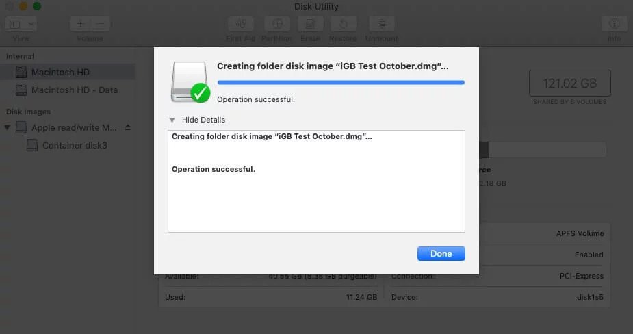 Quá trình tạo và lưu thư mục bảo mật dưới dạng ảnh đĩa trên macOS.
