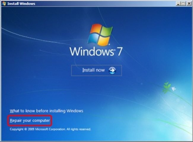 Chọn Repair Your Computer để khắc phục lỗi Windows System32 Config System