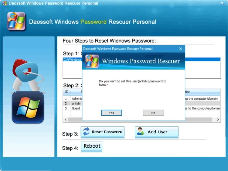 Thực hiện reset mật khẩu tài khoản người dùng Windows 8
