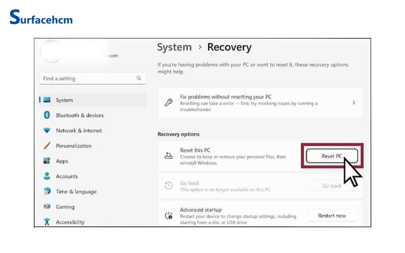 Reset thiết bị Surface