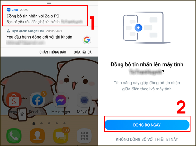 Chọn "Đồng bộ ngay" để hoàn tất quá trình đồng bộ tin nhắn Zalo
