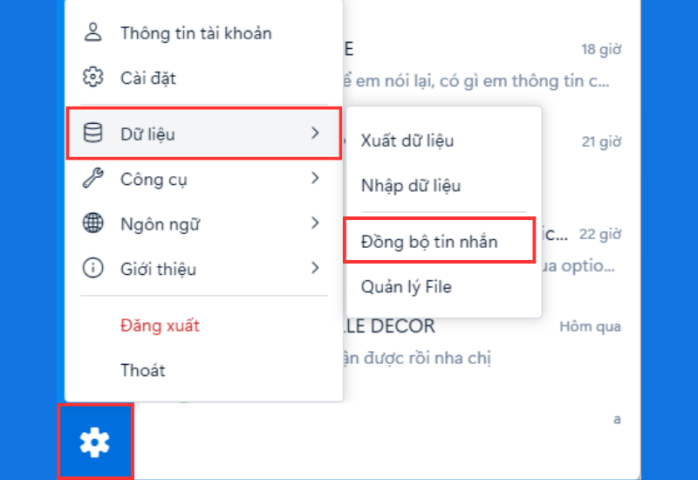 Giao diện cài đặt Zalo trên máy tính, hiển thị tùy chọn "Dữ liệu" và "Đồng bộ tin nhắn"