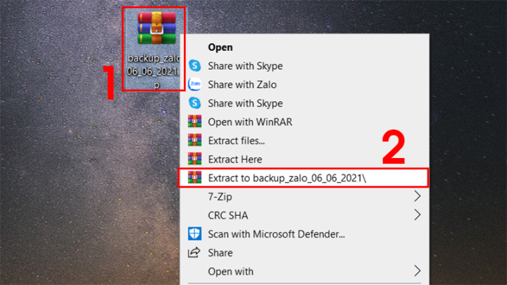 Thao tác giải nén file sao lưu dữ liệu Zalo trên máy tính