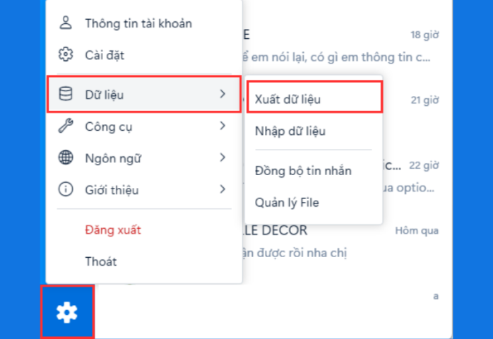 Giao diện cài đặt Zalo trên máy tính, hiển thị tùy chọn "Dữ liệu" và "Xuất dữ liệu"