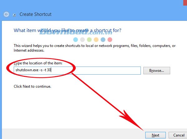 Nhập lệnh cài đặt tắt máy tính tự động vào cửa sổ Create Shortcut