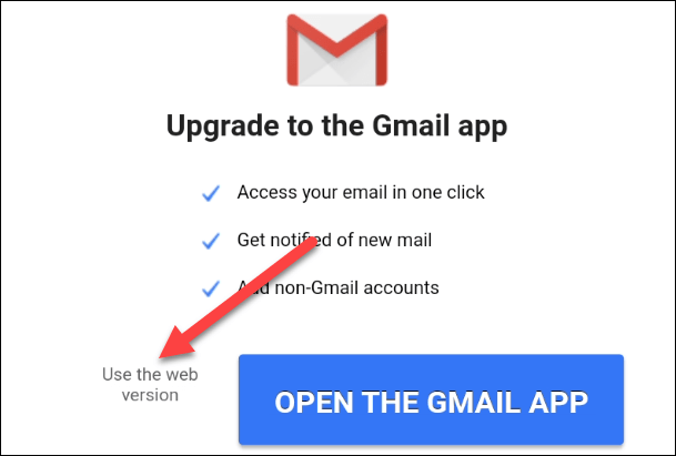 Màn hình đăng nhập và tùy chọn sử dụng Gmail phiên bản web