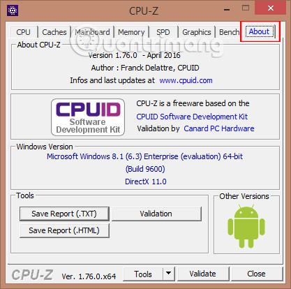 Tab About của CPU-Z