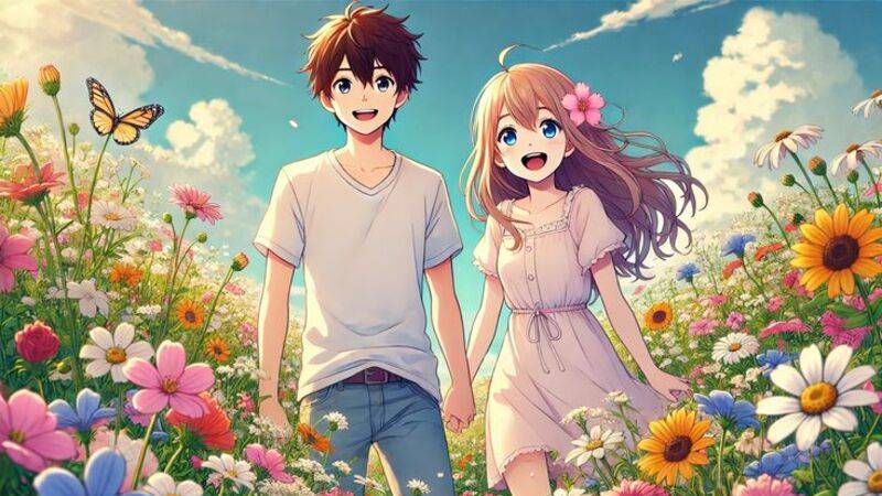 Hình nền cặp đôi hoạt hình đang nắm tay nhau dưới trời sao