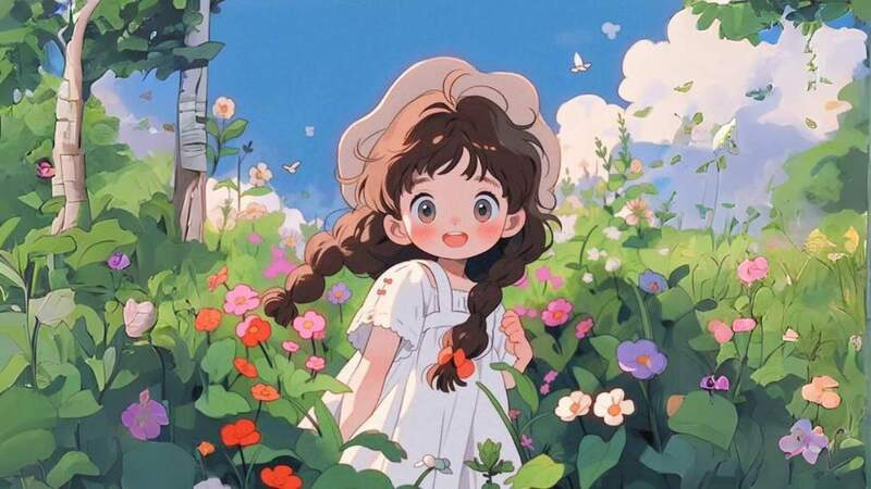 Hình nền nhân vật hoạt hình chibi với mái tóc xanh