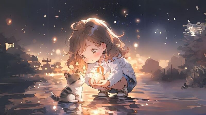 Hình nền nhân vật hoạt hình chibi đội mũ và cầm cây kem