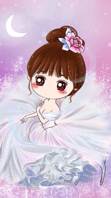 Hình nền cô gái hoạt hình chibi với mái tóc gợn sóng và hoa