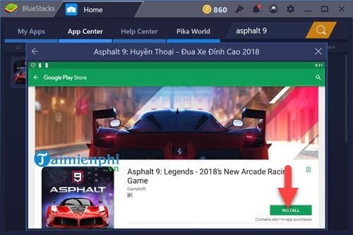 Nút 'Cài đặt' game đua xe Asphalt 9 Legends trong cửa hàng ứng dụng Google Play Store trên giả lập BlueStacks.