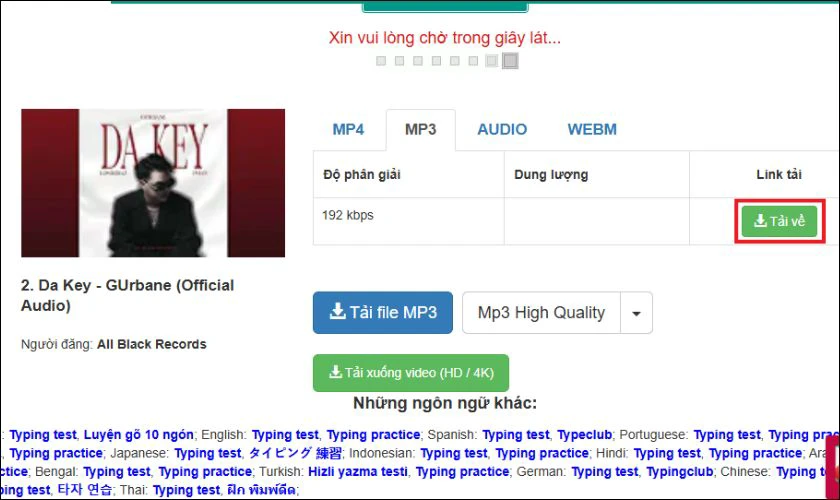 Chọn MP3, điều chỉnh chất lượng và nhấn nút tải về để lưu bài hát về máy tính