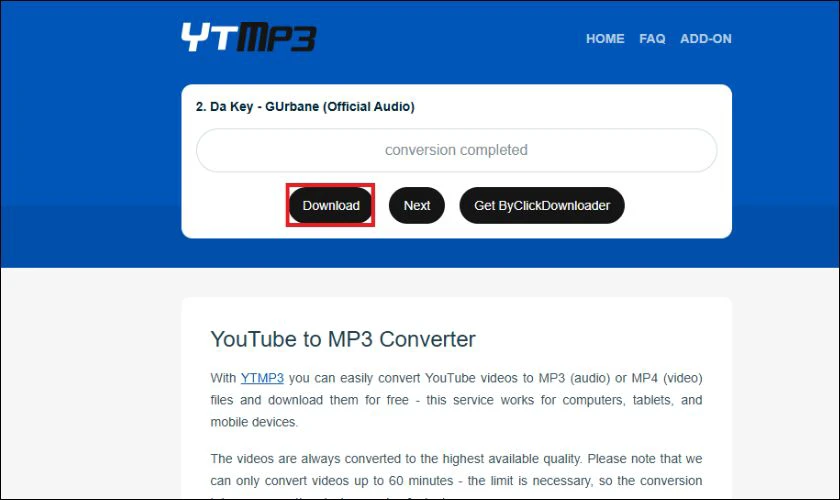Nhấn nút Download để tải file MP3 về máy tính sau khi đã chuyển đổi